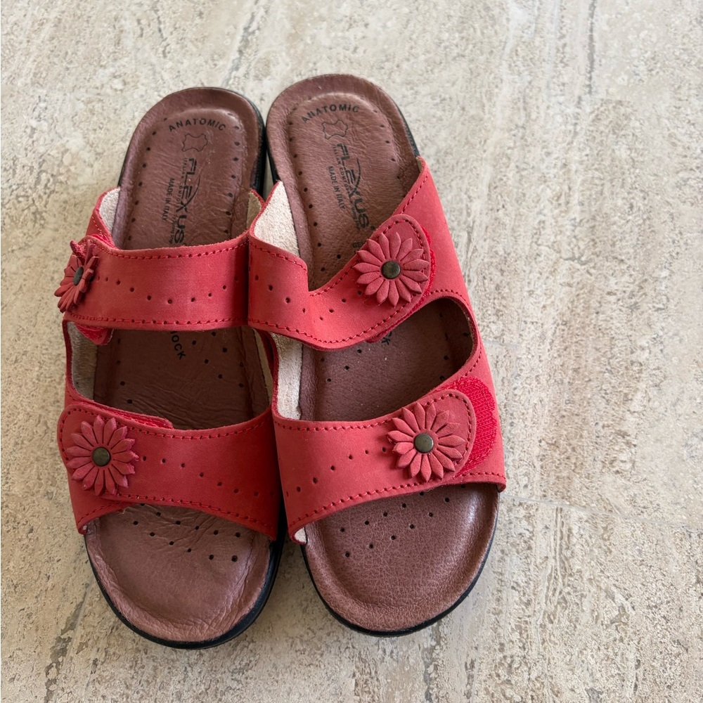 Red Leather Sandals with Floral Details